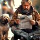 a homeless man with his dog reading a newspaper on the side of a street feeling down and out