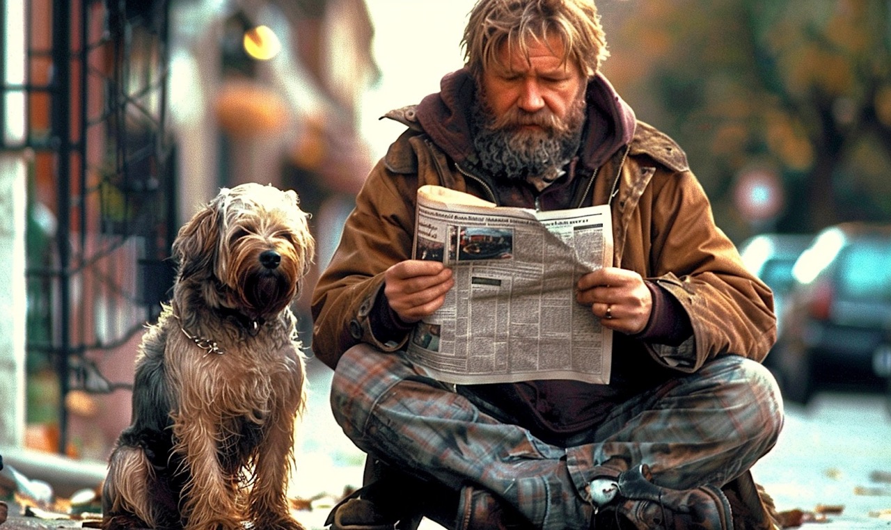 a homeless man with his dog reading a newspaper on the side of a street feeling down and out