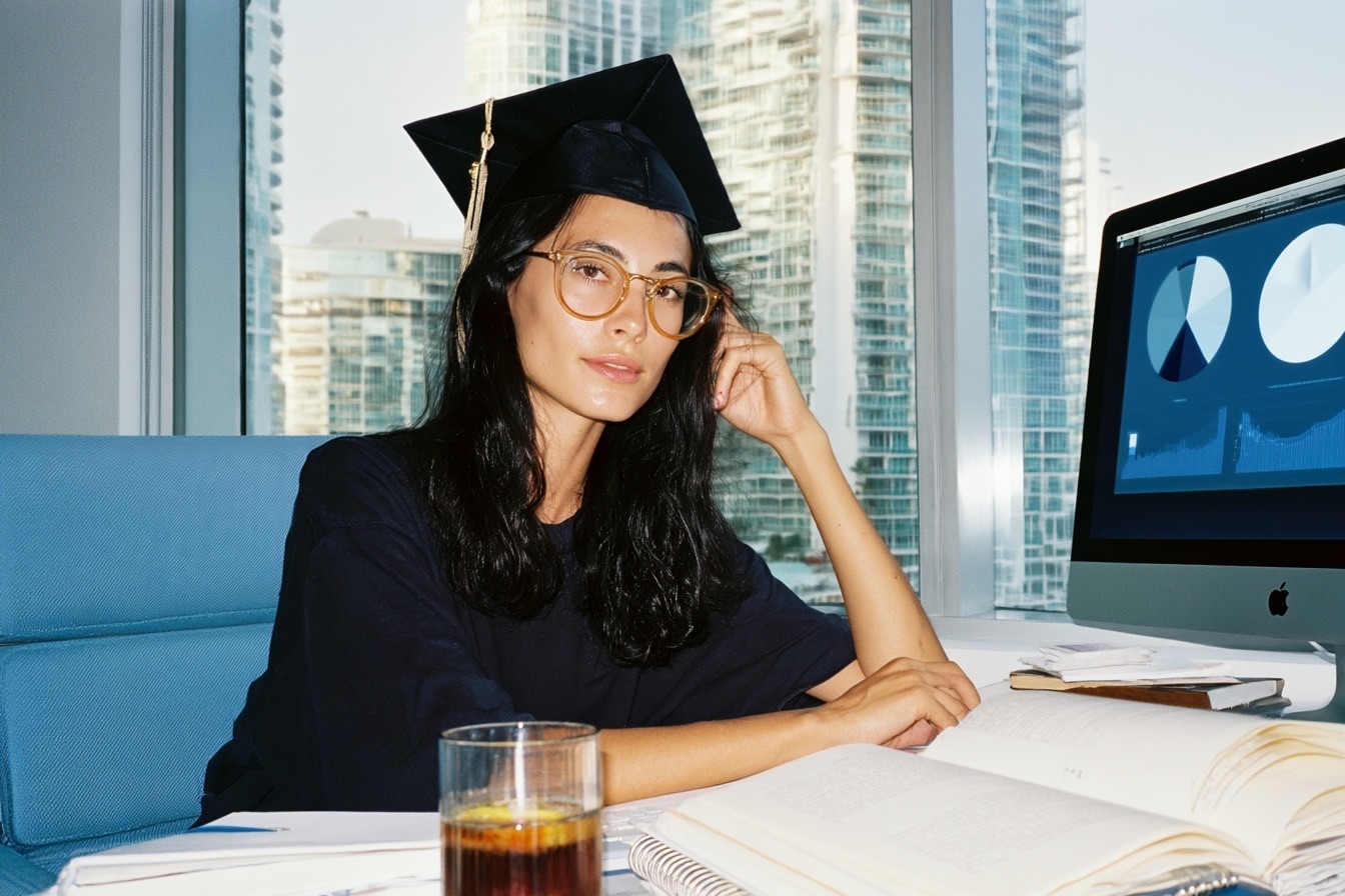 A Female MBA graduate working on a business plan on her computer