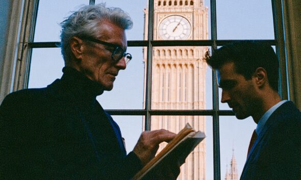 A father and son entrepreneur in London looking through inheritance tax projections before succession