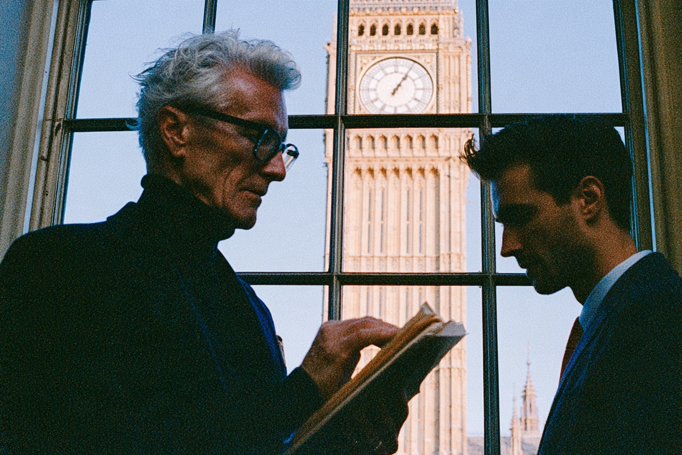 A father and son entrepreneur in London looking through inheritance tax projections before succession