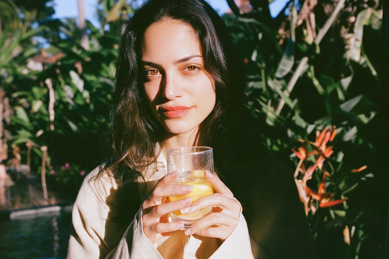 A female founder in a minimalist cream linen robe standing in a sun drenched architectural kitchen holding a clear glass of warm lemon water with both hands
