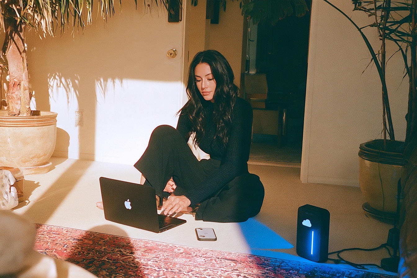 A female founder with a digital setup with her hard drive, laptop and smartphone