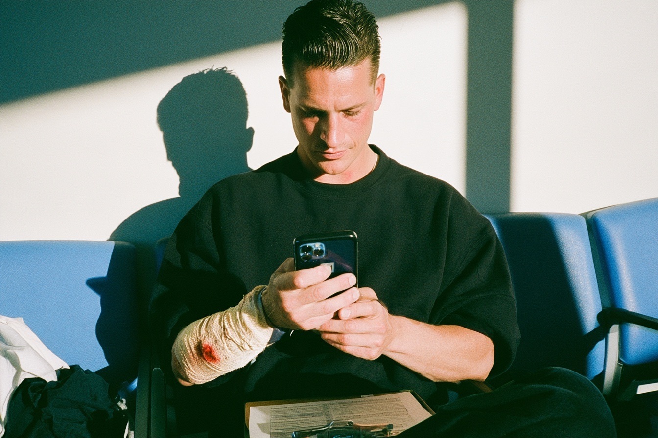A male entrepreneur sitting in the sterile waiting room of an emergency clinic calmly reviewing documentation on a clipboard application while he has a bandaged forearm.