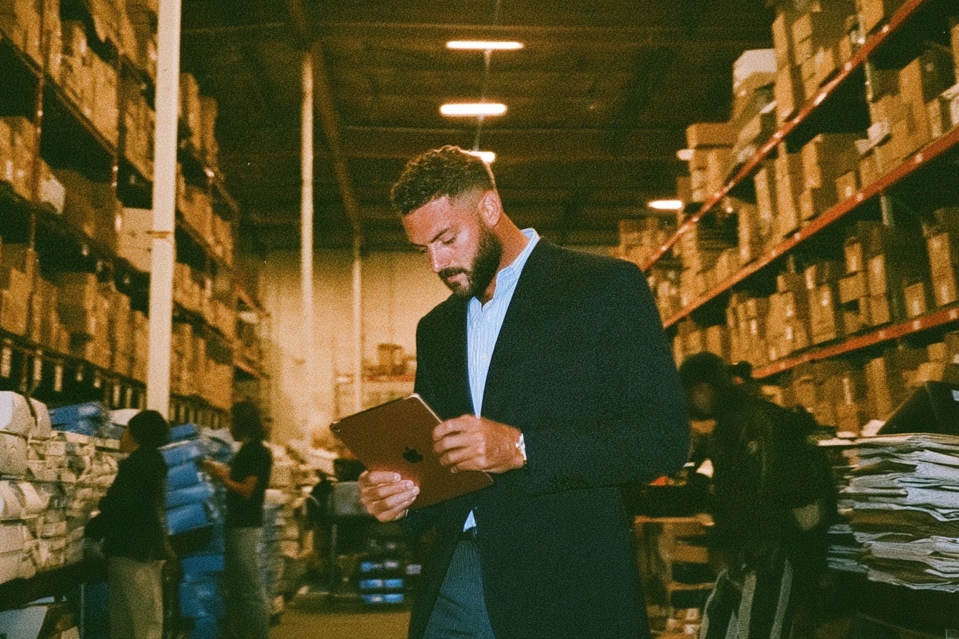 A man in his suit leading in a warehouse getting it organized