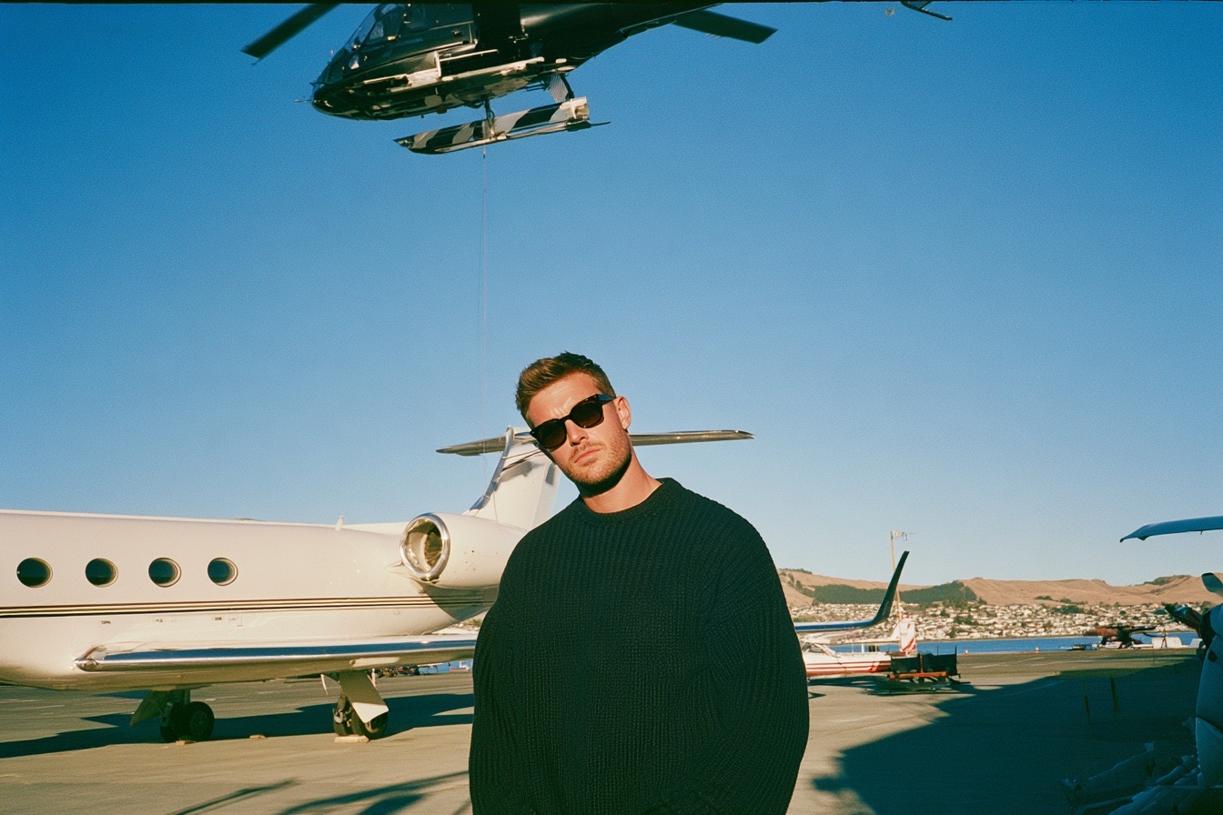 A man on the tarmac at the airport in a black sweater with helicopters and private planes around him in New Zealand