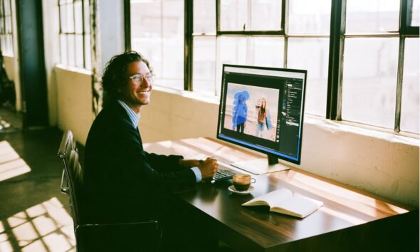 A man sitting on his computer creating images with an AI image generator