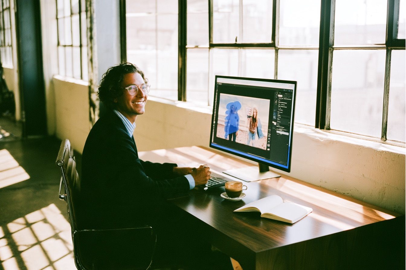 A man sitting on his computer creating images with an AI image generator