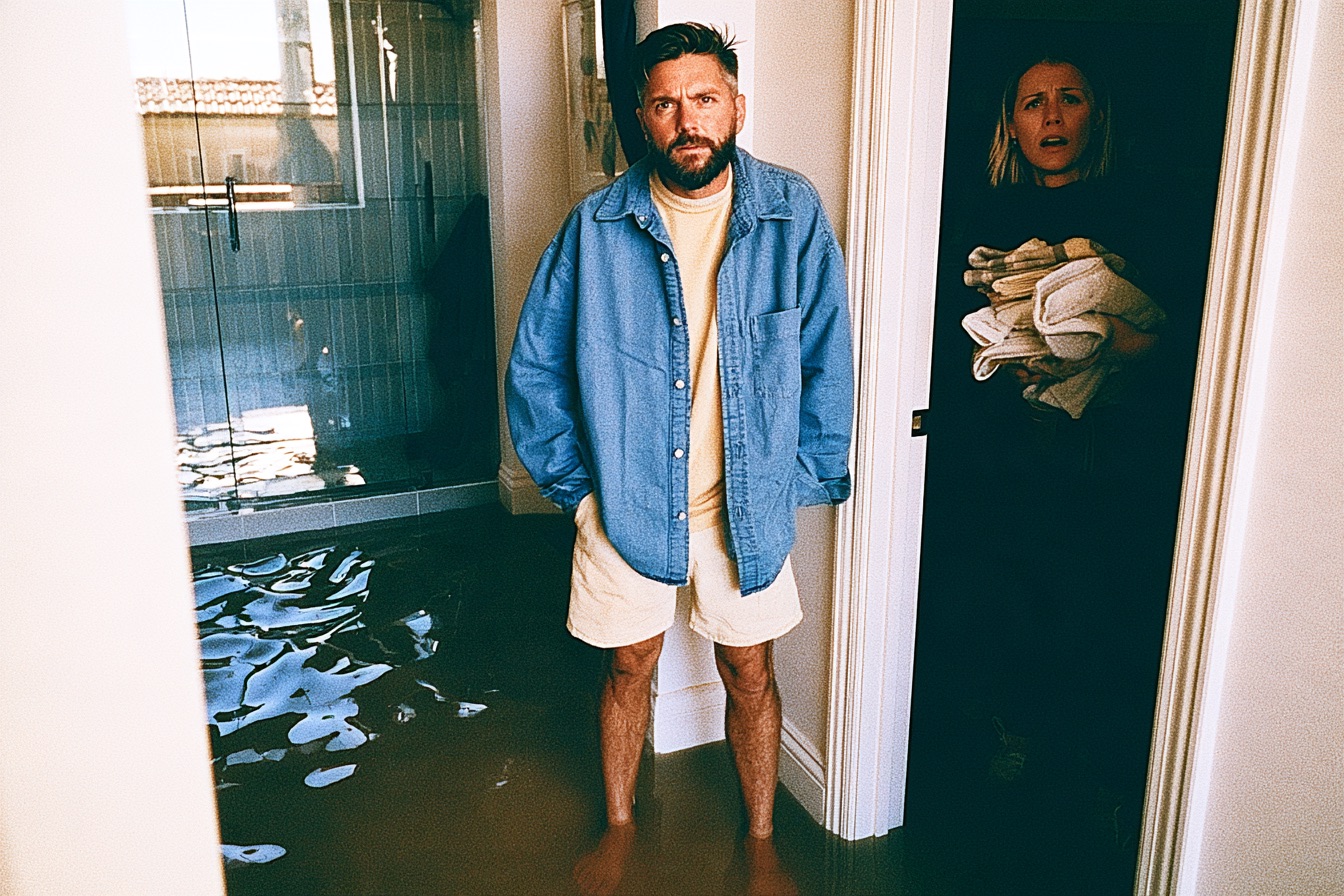 A man standing in water as his plumbing needs to be fixed in his shower and his wife is shocked