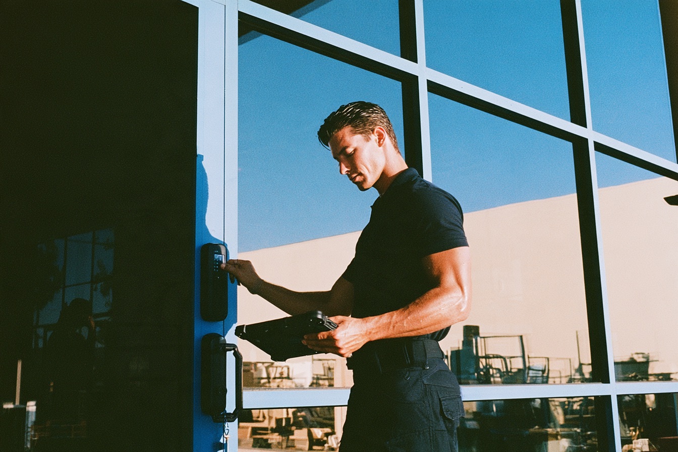 A rugged male security consultant in a fitted black polo shirt and tactical pants confidently pressing his thumb against a sleek matte black biometric smart lock on a modern glass front door