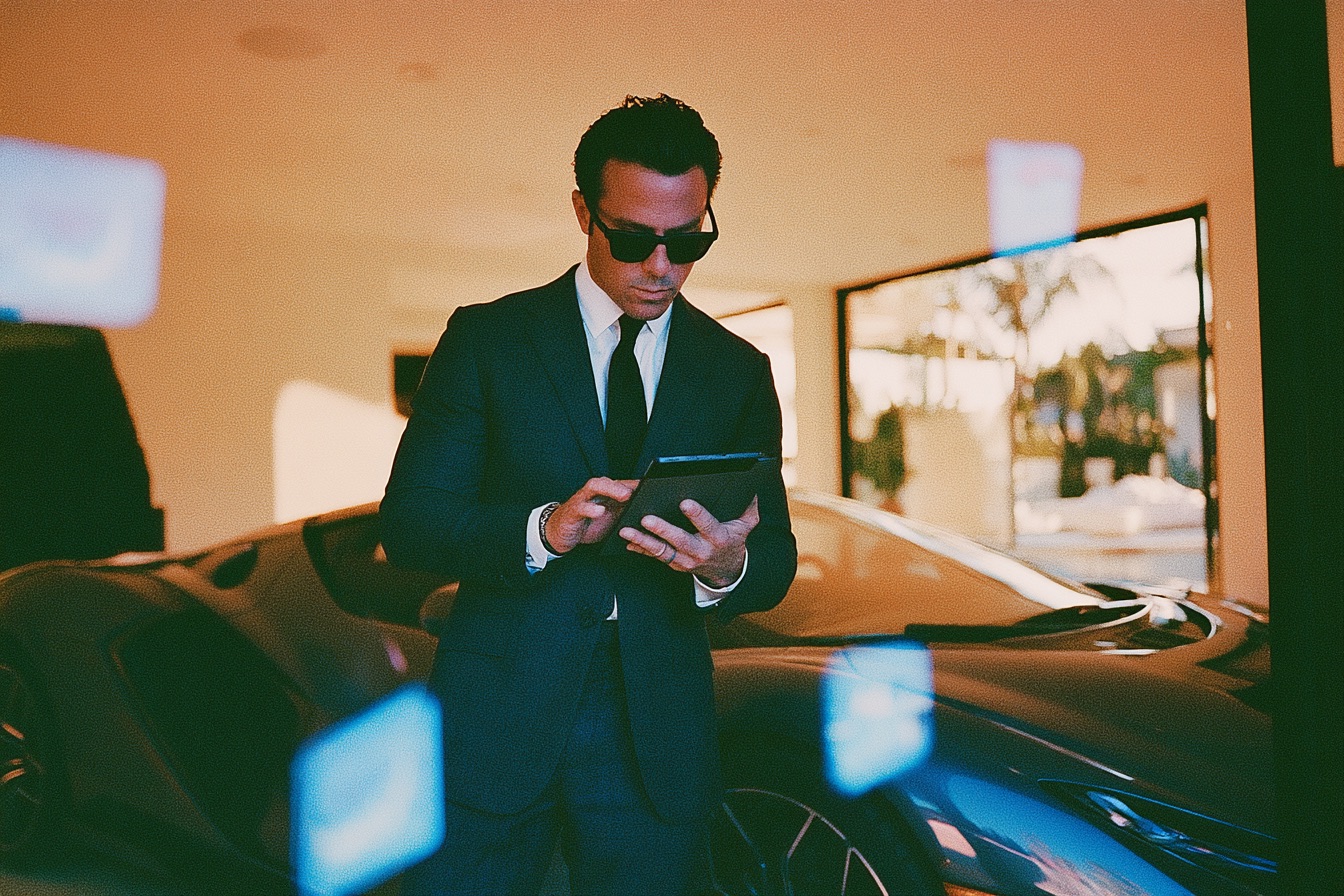 A sharp male entrepreneur in a tailored charcoal suit standing beside a sleek modern luxury sports car inside a sunlit glass architectural villa