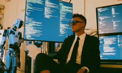 A stylish 28 year old male entrepreneur surrounded by AI where the whole image represents The AI revolution