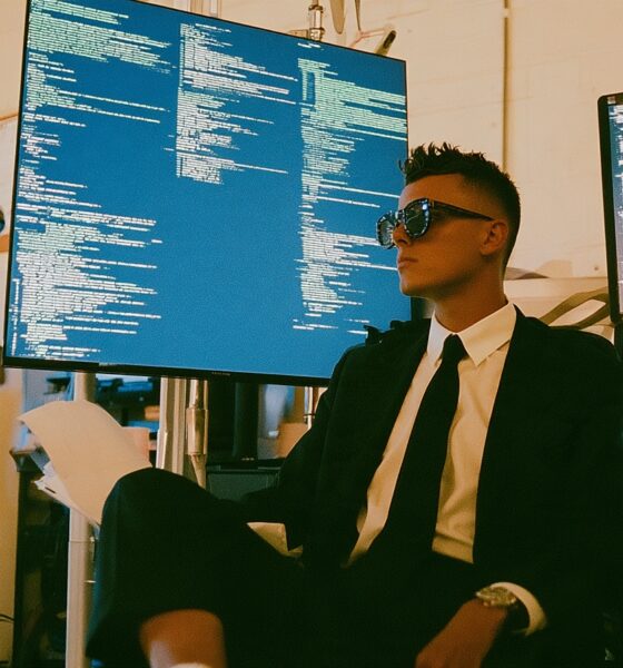 A stylish 28 year old male entrepreneur surrounded by AI where the whole image represents The AI revolution