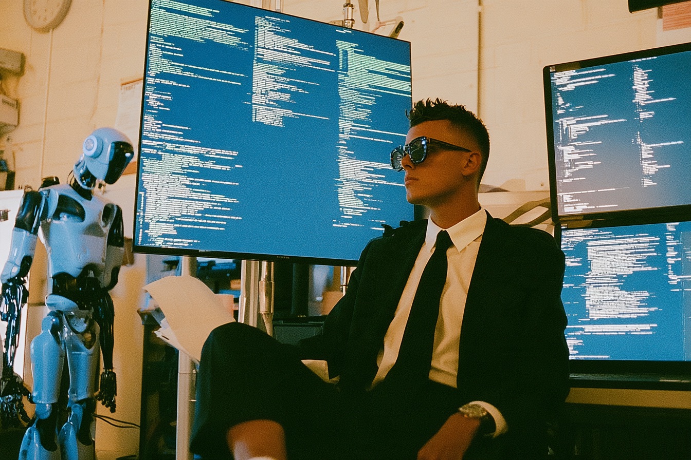 A stylish 28 year old male entrepreneur surrounded by AI where the whole image represents The AI revolution