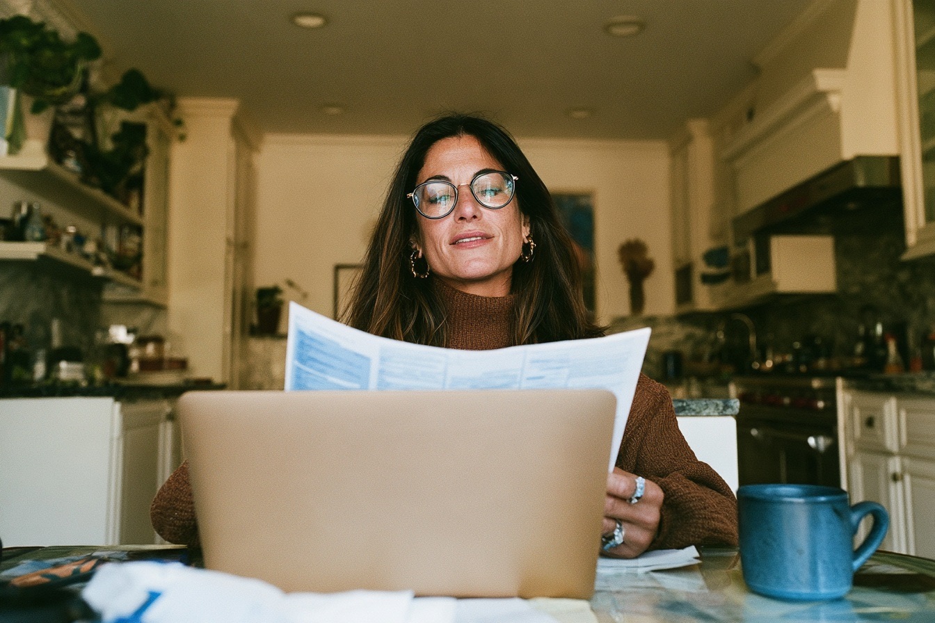 An entrepreneur Woman filing her medical claim while she is on her laptop in the kitchen