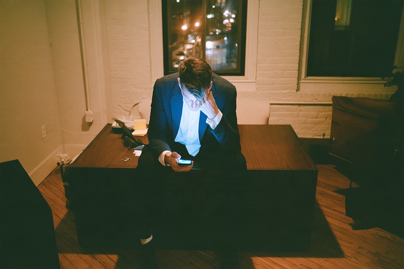 An entrepreneur founder staring at his phone in his office late at night feeling overwhelmed with tasks to do
