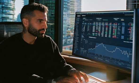 Dashboard showing GEO metrics including visibility share industry rank and sentiment trend over 90 days