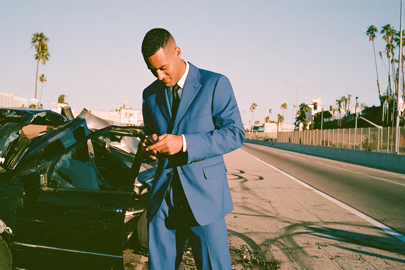 Entrepreneur man in a car crash on his phone