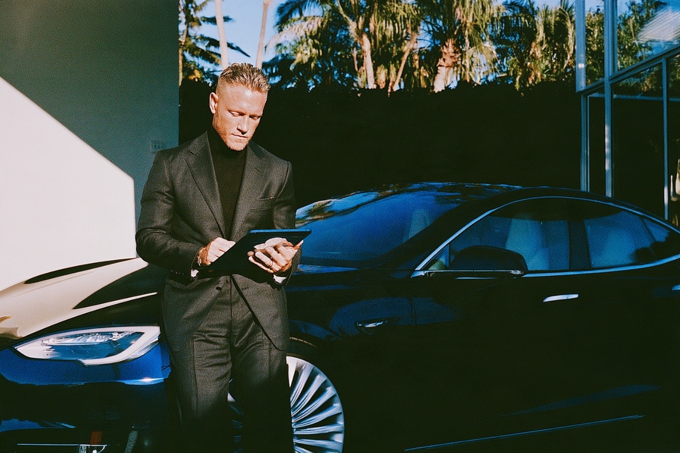 Man in a charcoal suit standing next to a sleek car