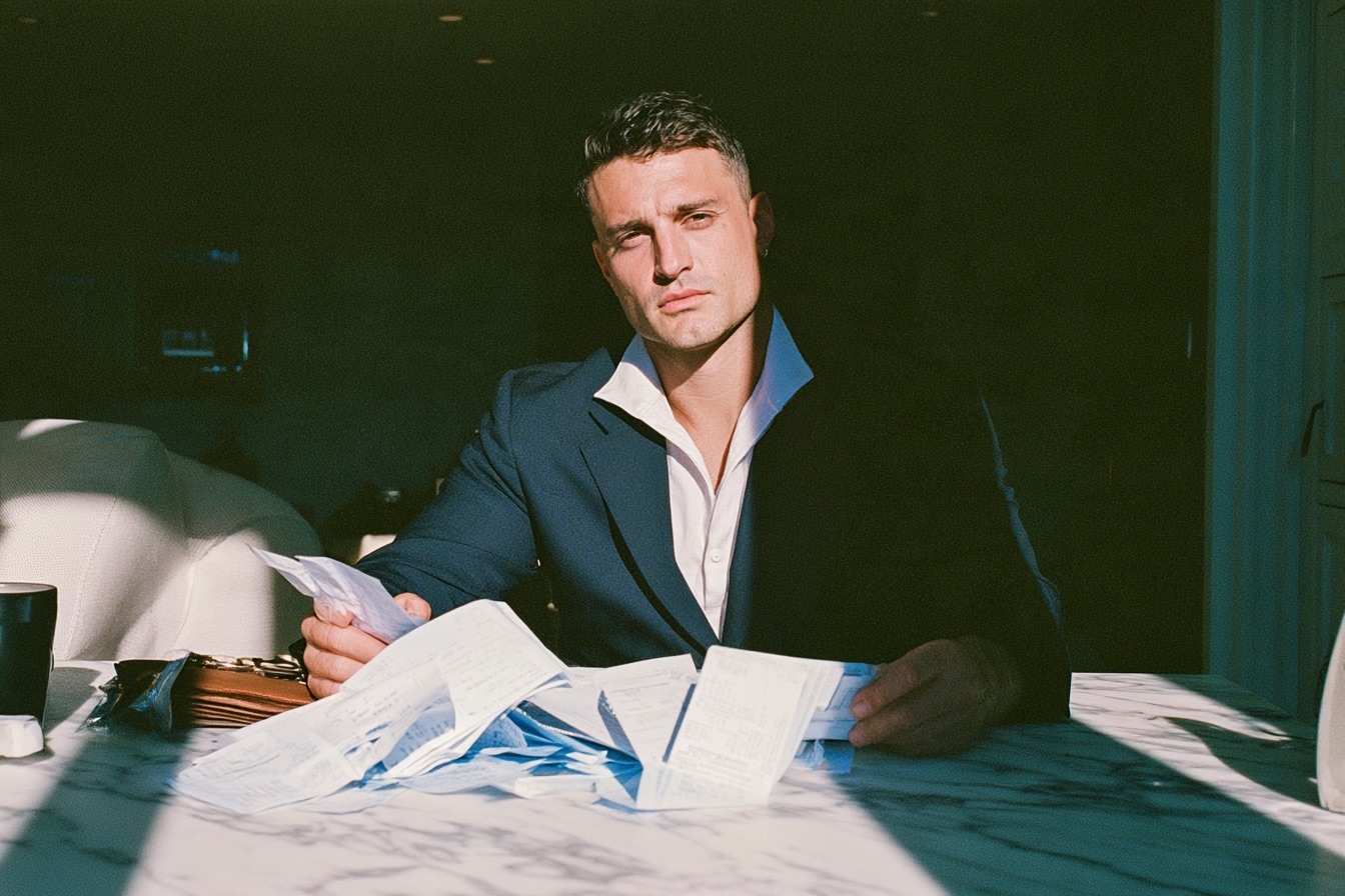 Man looking at his finances and he is trying to work out how to save more money for his startup business