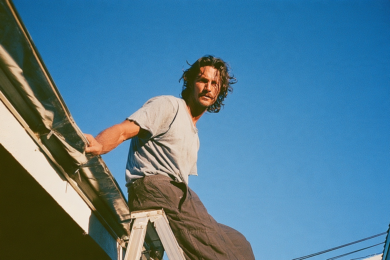 Man on a ladder fixing the gutter of his luxury house roof
