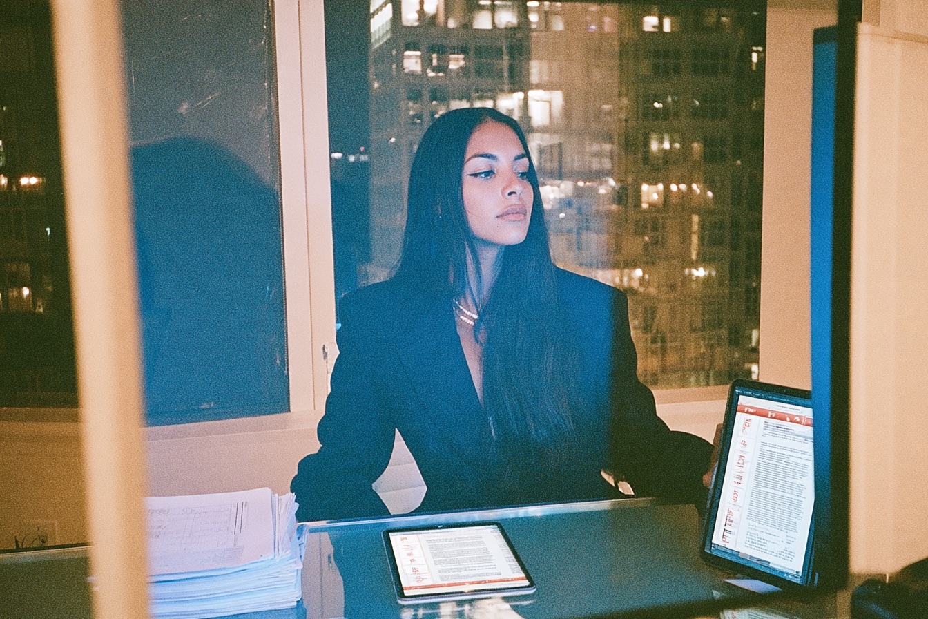 a female founder in tailored blazer mid action editing a multipage PDF contract on a large monitor