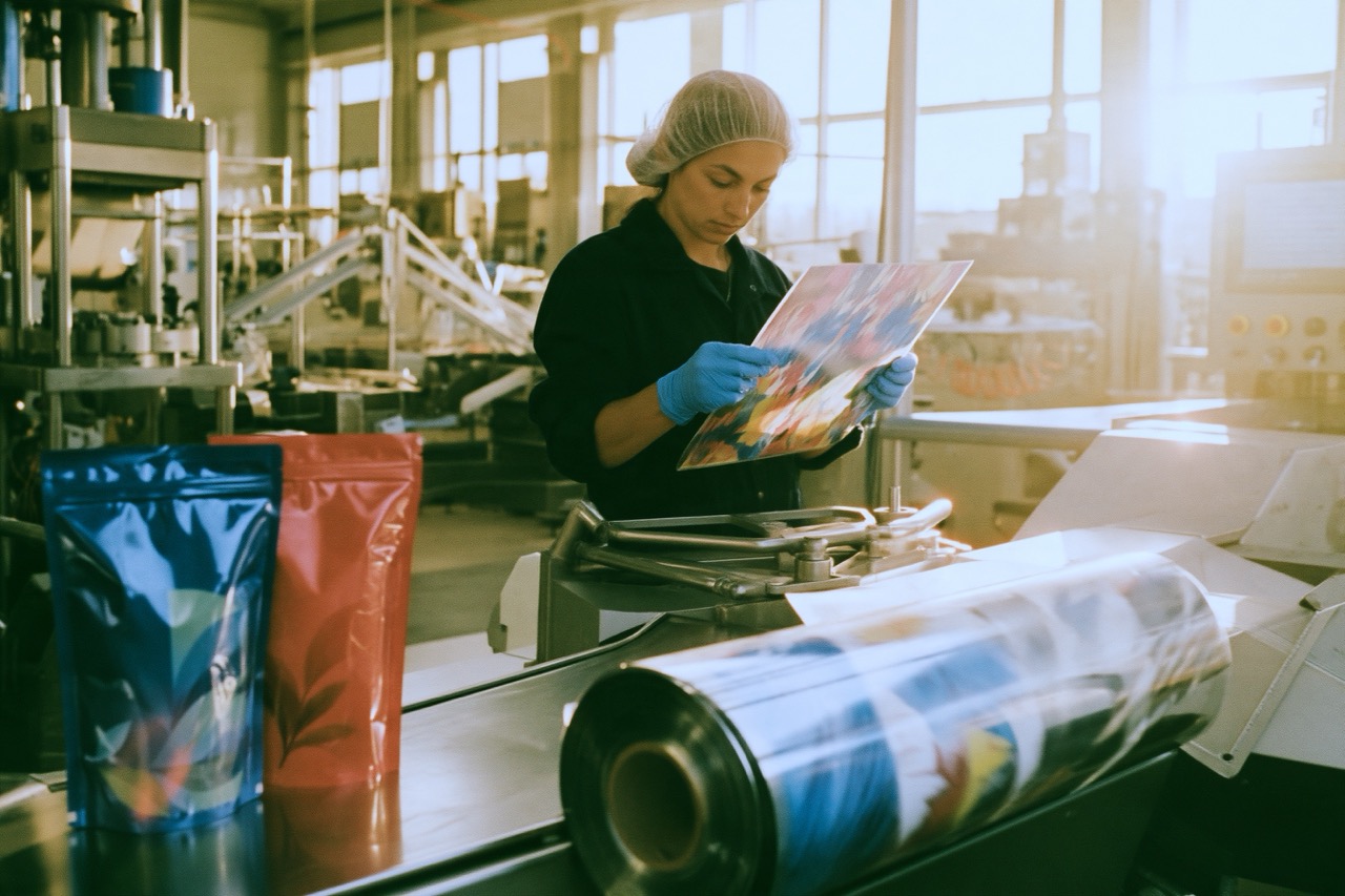 a focused female quality control worker in a hairnet and blue industrial gloves inspecting a sheet of brightly colored custom flexible packaging on a brightly lit factory floor Large