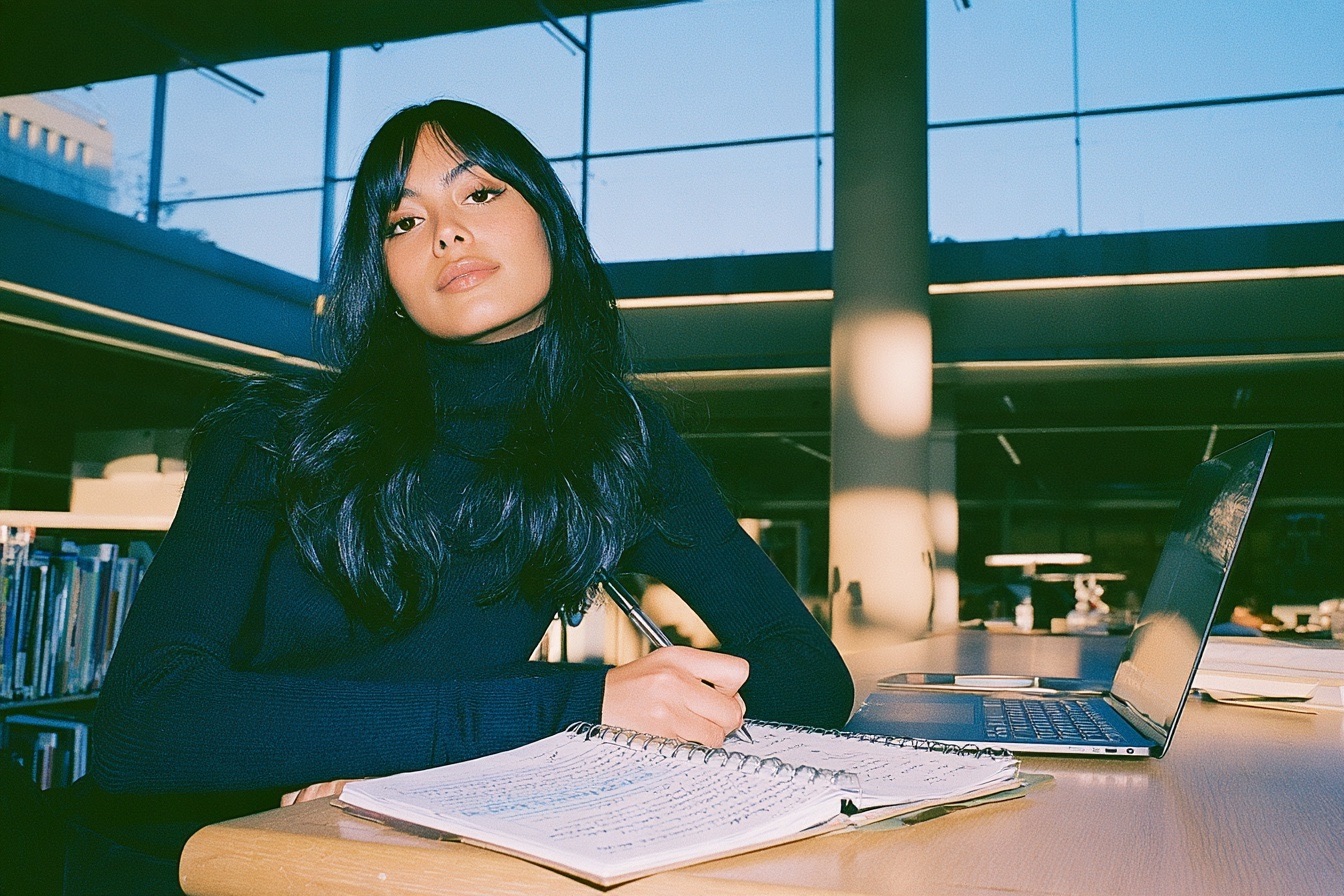 a focused young researcher sitting at a clean, sunlit wooden desk in an academic library