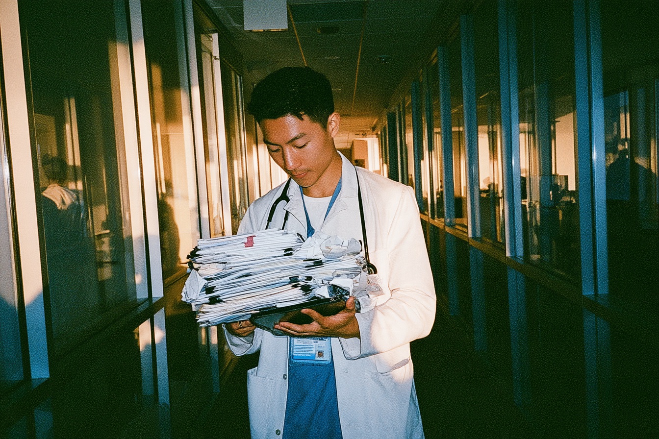 a medical tech founder standing in a sleek glass walled hospital administrative wing