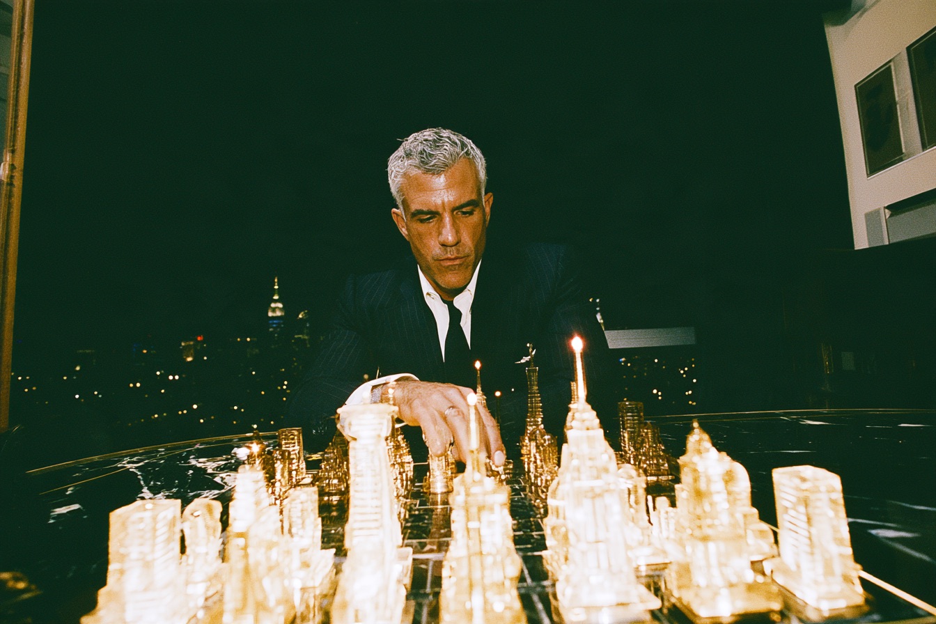 a sharply dressed male entrepreneur in his early forties sitting alone across an enormous luxury black marble chessboard inside a dark executive penthouse