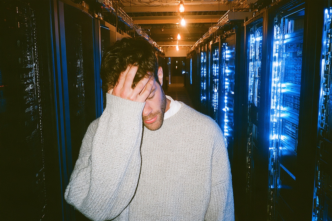 a stressed male tech founder in a grey heavy knit sweater standing inside a massive dimly lit server farm