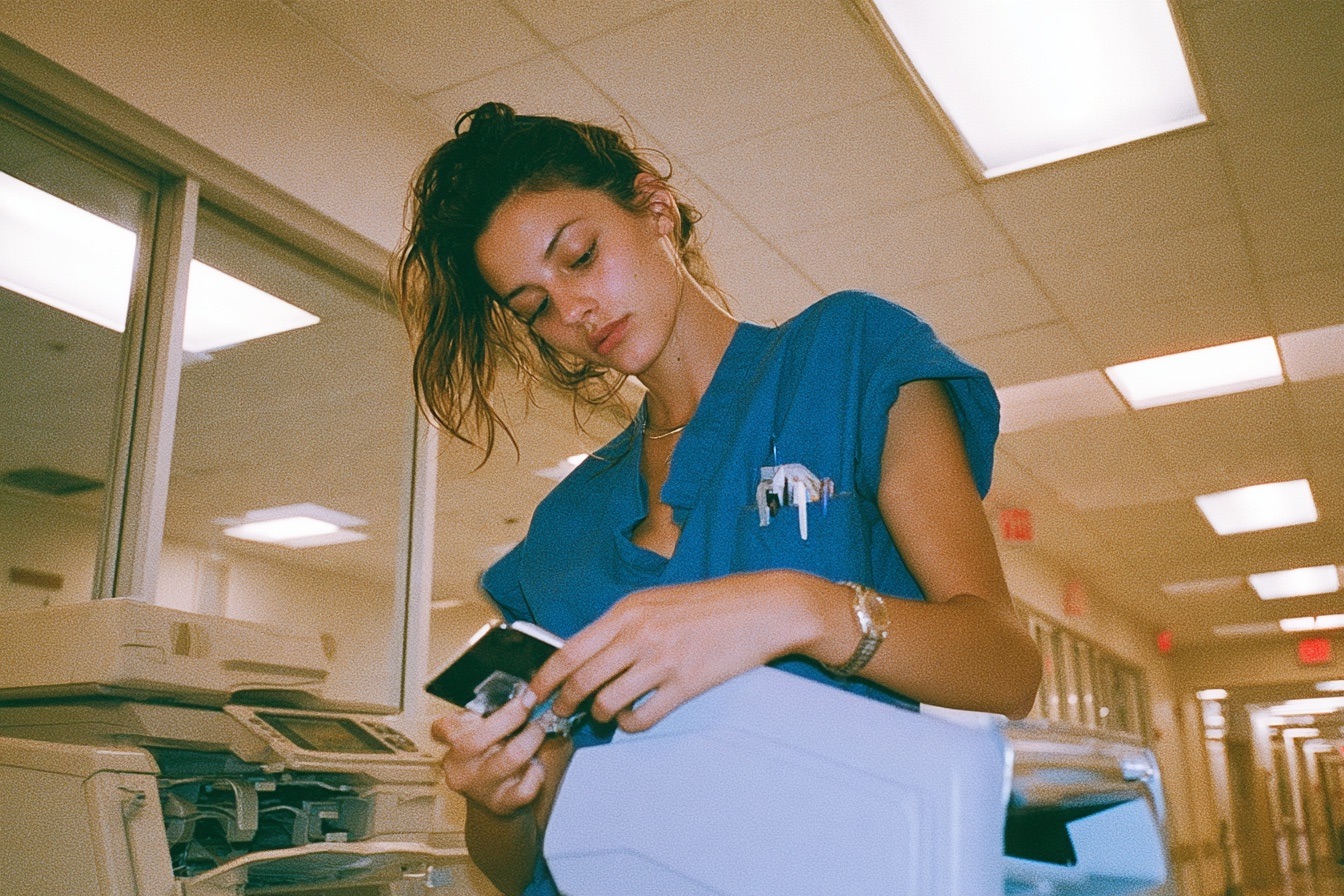 an exhausted nurse in teal scrubs holding a bulky physical medical CD in a sterile brightly lit hospital hallway and there is an old fax machine near her