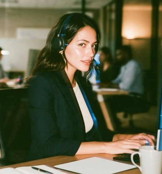 female in a call centre for customer care with a headset hands free as she types on while she is sitting at her computer