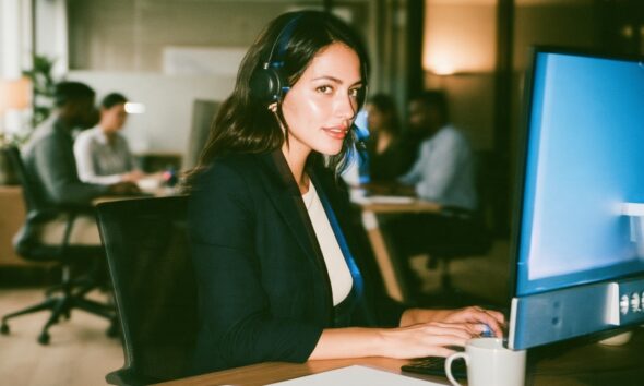 female in a call centre for customer care with a headset hands free as she types on while she is sitting at her computer