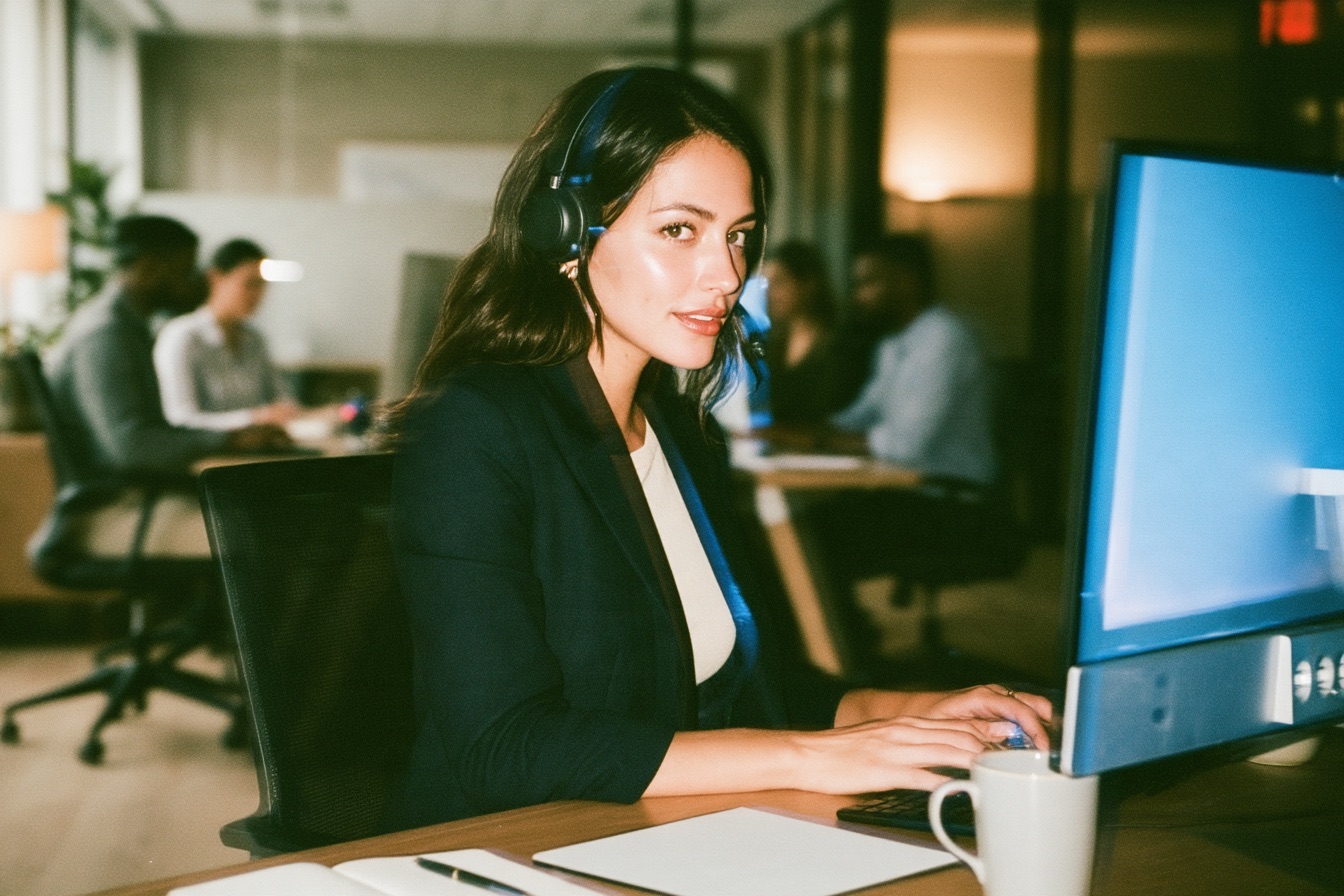 female in a call centre for customer care with a headset hands free as she types on while she is sitting at her computer