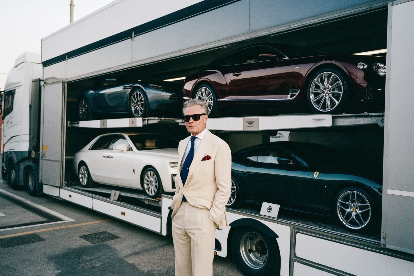 a man standing by a luxury car carrier truck with luxury cars in the carrier of the truck