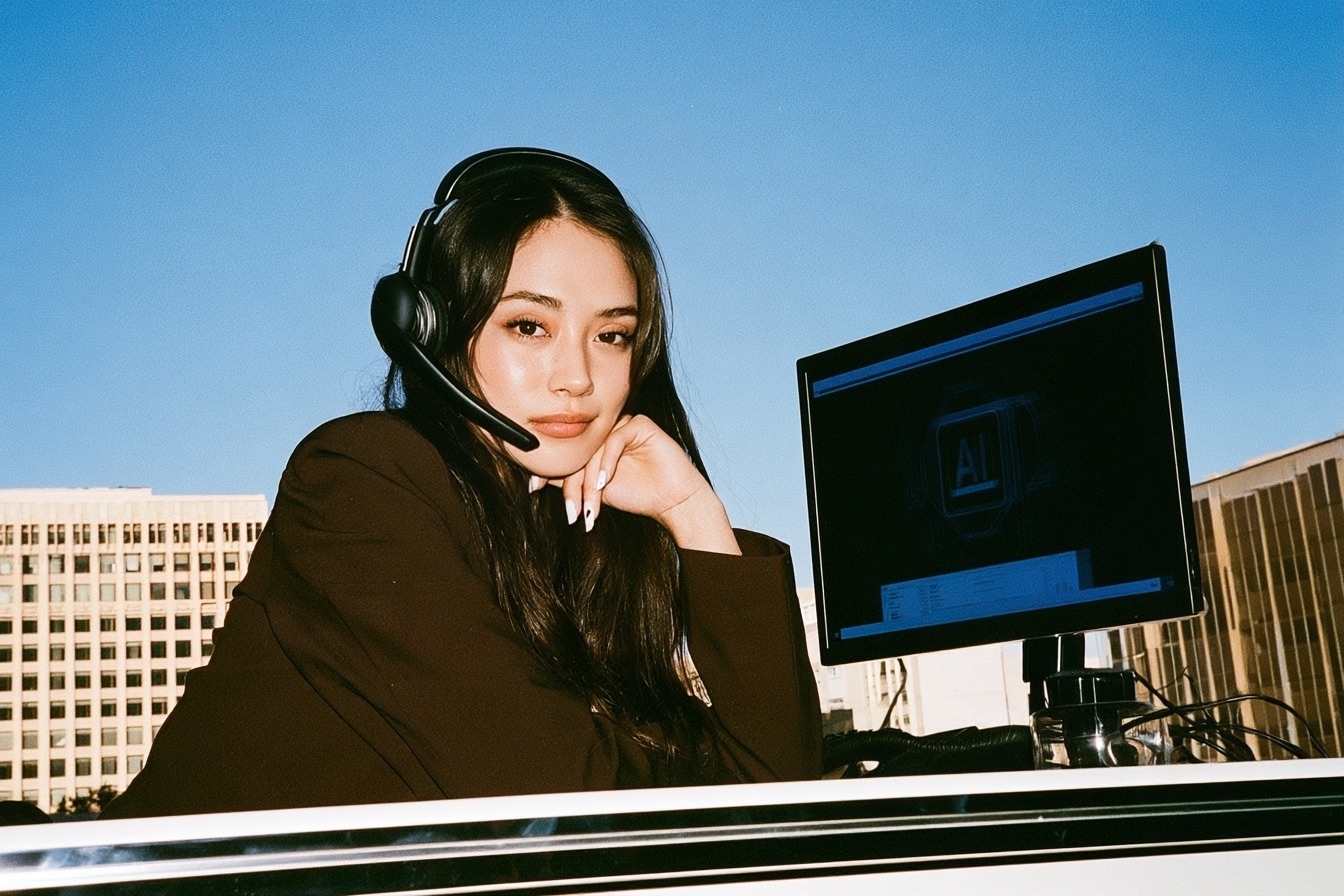 woman with headset on for calls with digital AI on the screen